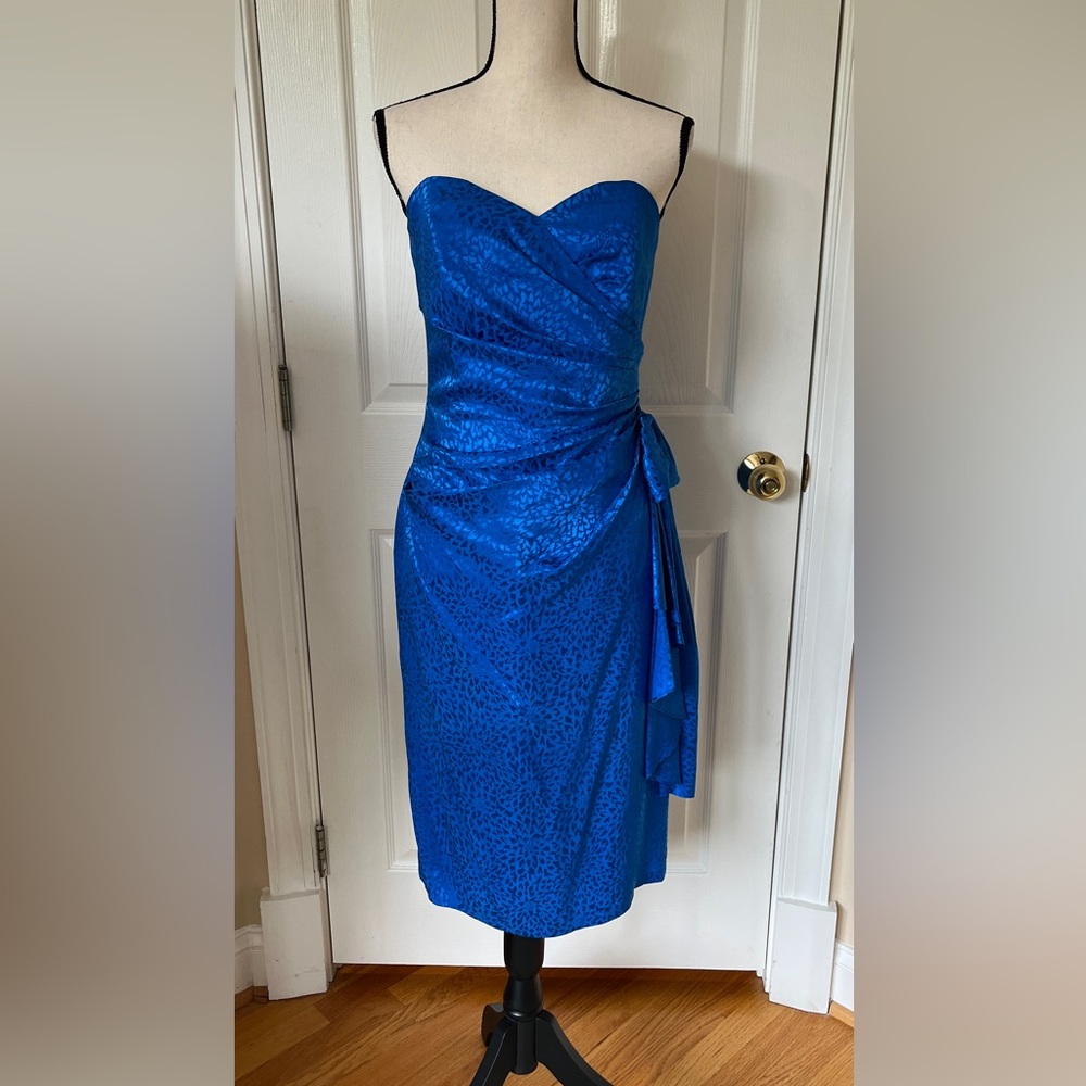 I. Magnin Silk Cocktail Dress Vintage 90s Royal Blue Sweetheart Neck Strapless - Picture 1 of 12